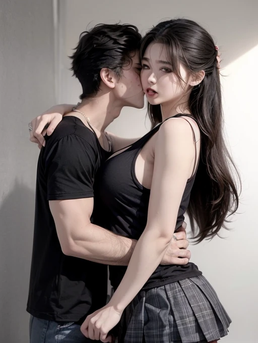 (((A girl and a boy kissing eachother))), the girl is beautiful, long hair, large breasts, wearing short skirt and oversized tank top,
The is handsome and muscular, wearing a black shirt