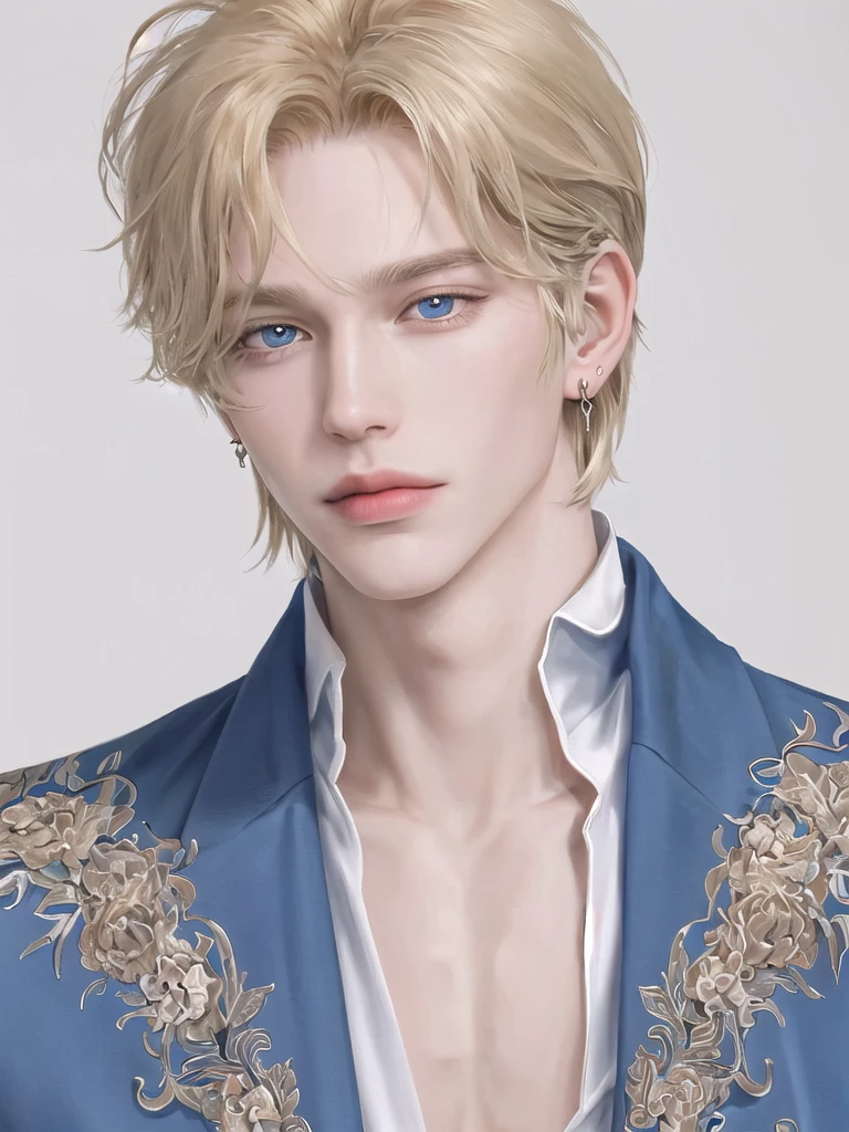 Solo, portrait, earrings, solo,lips, Man. . Prince. Very Tall, muscular. 188cm (height). Golden blonde hair and blue eye color. Bright skin. High quality, Detailed, High resolution, Masterpiece, Very high quality.