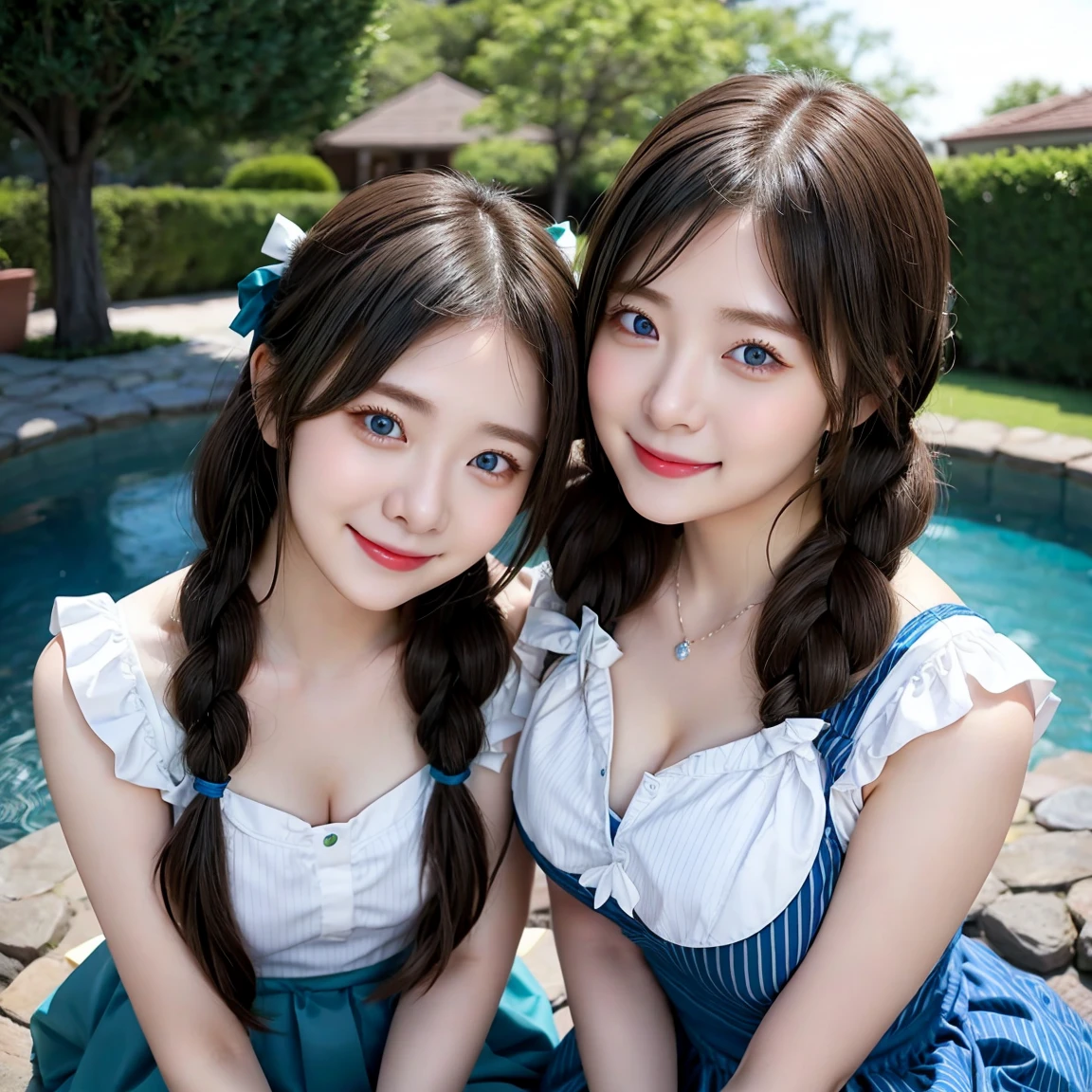 ( 3 girls),smile、Look into the camera、Diamond necklace、braided hair (Maid café outfit with open chest:1.1)、The material is smooth and flexible.、exposed upper arms、Blue-green striped knee-length socks Extra long twin tail hair、close range shooting、Flower Hair Ornaments、Blindfold、Garter、 Masterpiece, Highest quality, 8ก, beautiful girl, young face、 photography, Cute face, thigh,in the stream,、รอยsmile、small waist, blue eyes(((The chest is erect.:1.1)))(((round chest)))(((big breasts:1.0)))