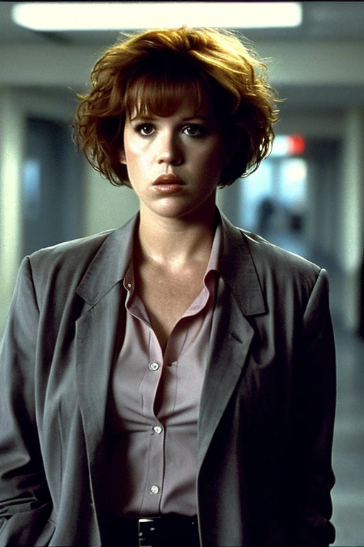 Eighteen-year-old Molly Ringwald, serious expression, brooding, with messy/shaggy razored/layered haircut with sideswept bangs, wearing gray blazer, extremely realistic, extremely detailed, extreme realism, extreme detail, extremely accurate resemblance, scene from film, digital cinematography, neo-noir, tech-noir, moody, atmospheric, dark, handheld camera footage, gritty, muted, Miami Vice (2006) influenced, grainy, underlit, Kane and Lynch 2 influnced, tense, directed by Michael Mann, Heat influenced, Collateral influenced, low shutter speed, shadowy, bags under eyes, insomniac, detective, muted color palette, police sirens in background, crime scene