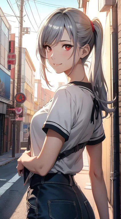High resolution 8K, NSFW, Bright light illumination, Anime style, Film Portrait Photography, 1woman, dynamic angle, dynamic pose, slender face, a smile, smile, Beautiful Women, (((Red eyes, Straight hair, pony tail, silver hair, Long hair))), woman wearing a yellow shirt, adult lady, Wear shorts, anime characters in a scene with a sky background, your name movie style, Stills in TV anime, yourname, fiona staples and makoto shinkai, makoto shinkai and bioware, guweiz and makoto shinkai, anime still image, Animated film stills, anime movie screenshot, (Natural skin texture Vibrant details, hyper realistic)
