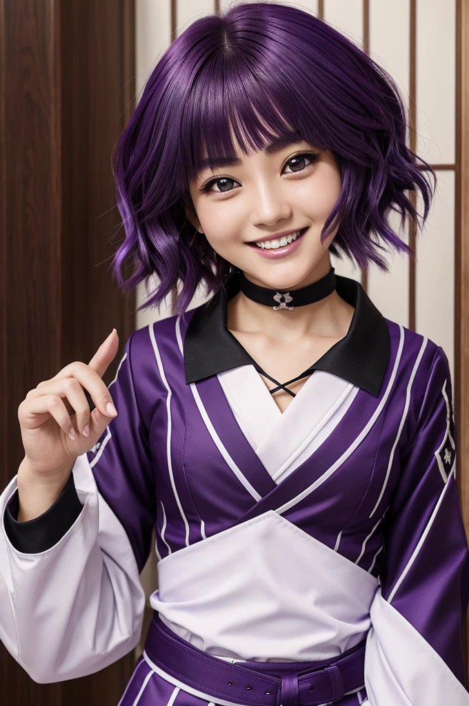 Masterpiece, Best Quality, young woman、Kimetsu no Yaiba style、uniform hashira、 hair purple、short hair、purple hair、smiles、smiles happy、 open mouth、brown eyes、laught、 arrogant、 look elsewhere、erect、   pointed hair、 