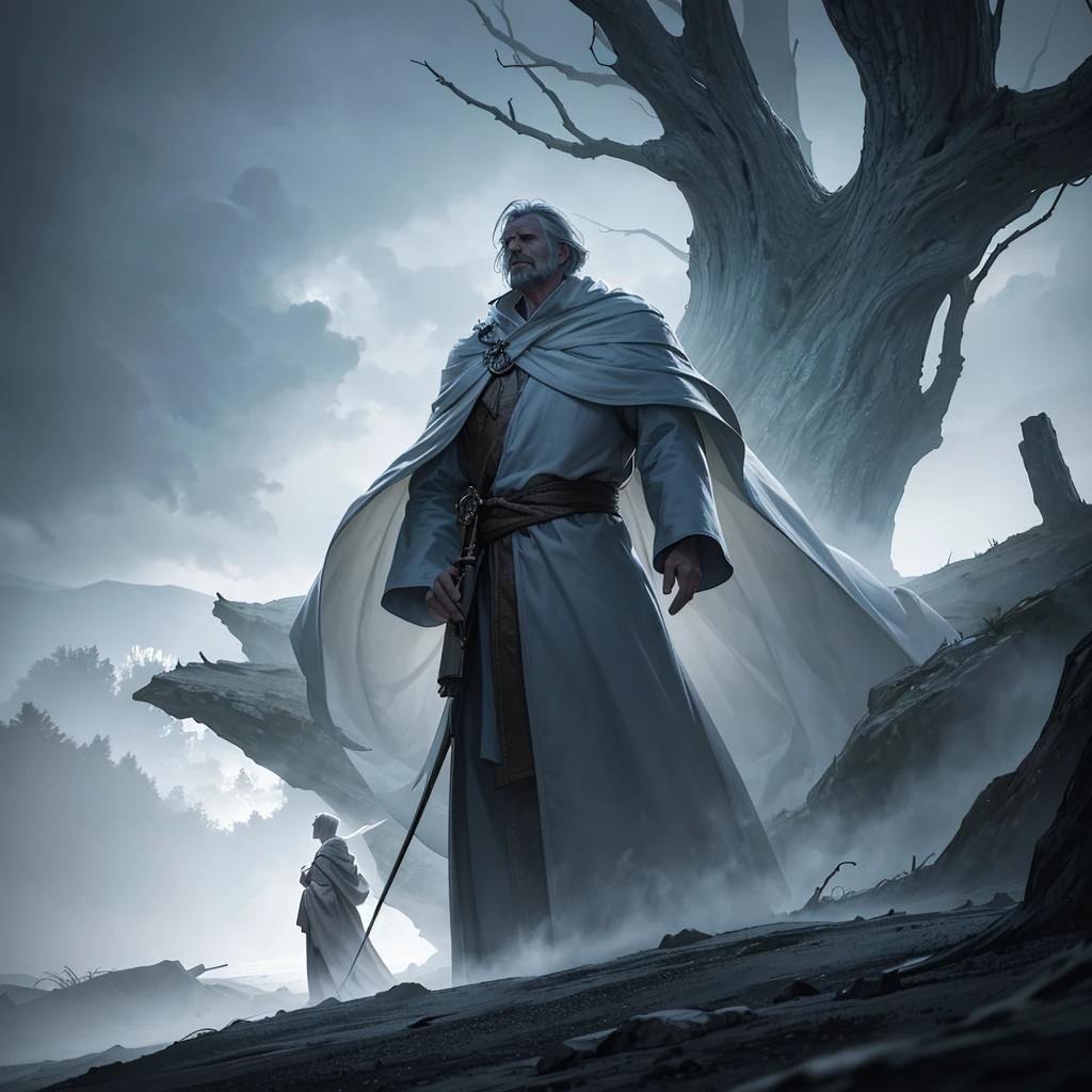 A tree-shaped man in a long white robe, an elderly character with a wise expression, talking to the wind and a raging storm, dramatic lighting, fantasy, cinematic, highly detailed, intricate, 8k, photorealistic, dramatic shadows, moody atmosphere, striking colors, volumetric lighting, wind effects, stormy skies, mystical, ethereal, surreal, conceptual, award winning digital art