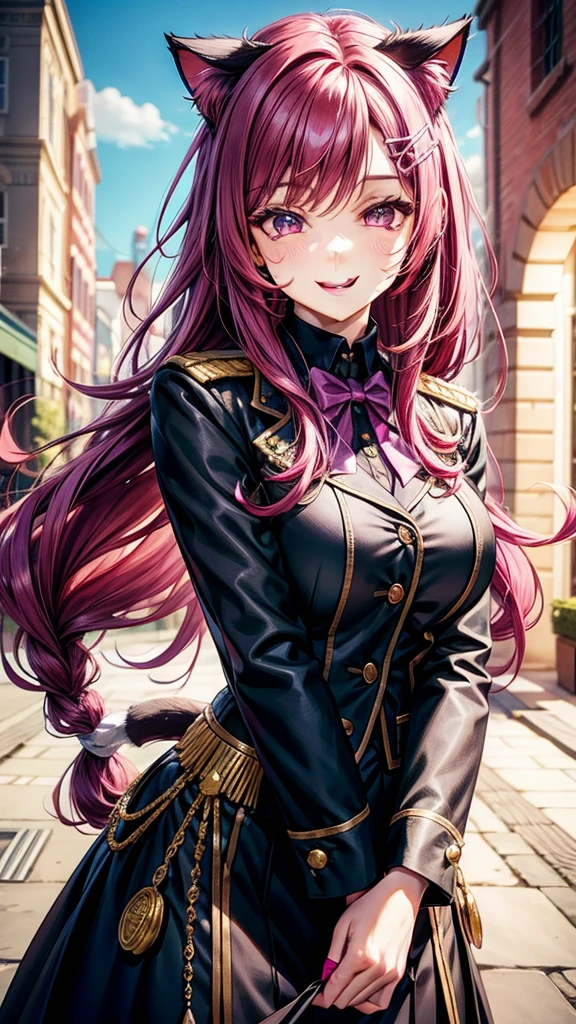 Magenta hair, hazel eyes, older woman, uniform clothes, hair jewel ornament, cat ears, long hair, smiling face