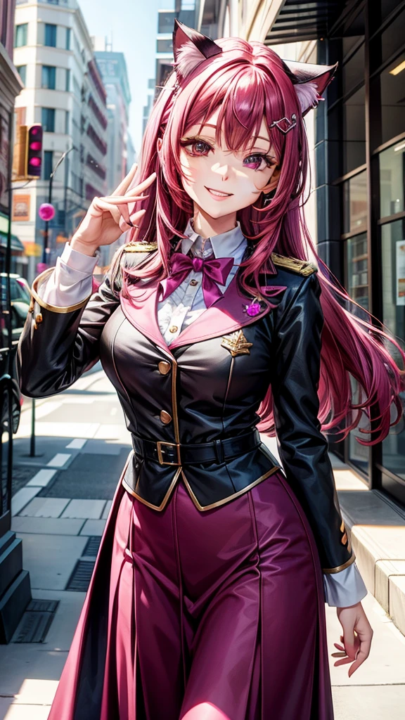 Magenta hair, hazel eyes, older woman, uniform clothes, hair jewel ornament, cat ears, long hair, smiling face