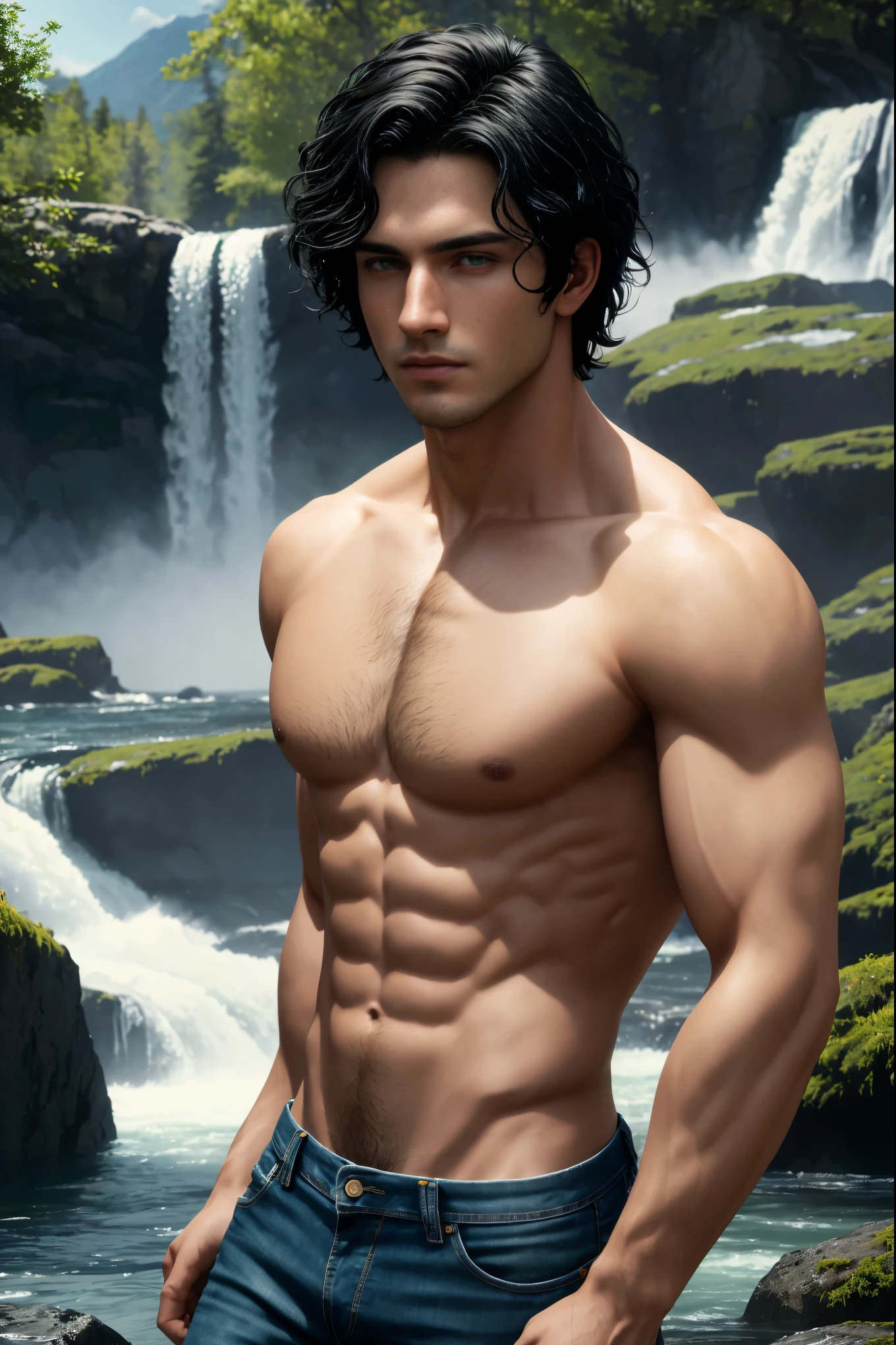 Masterpiece, A boy has short black hair and green eyes, 1boy, AS-Adult, short-haired, black hair, amazing physicality, shirtless and jeans, green eyes, wavy-hair, totally-clean-shave symmetrical face. Symmetrical, smooth, clean shave focus, illustration, realistic, artstation, award winning photography, octane render, cinematic lighting from the right, hyper realism, octane render, 8k, depth of field, 3D, backgound mountains and waterfalls