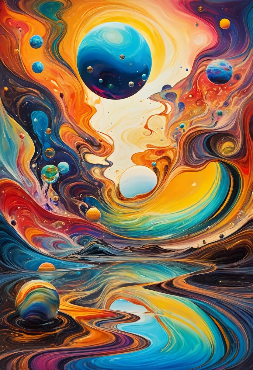 create a colorful multiverse with colorful planets, a molten sea,cosmos,surrealist art, abstract, style of Dali and Edvard Munch, expressionism, some melted images,painting picture