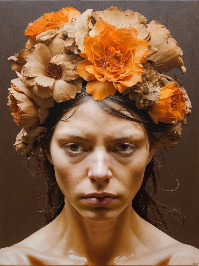 lady with flowers on her head is an acrylic painting, in the style of lucy glendinning, Tony Diterlizzi, organic and naturalistic compositions, floral explosions, ferry selection, light orange and brown, serene faces --ar 3:4 -