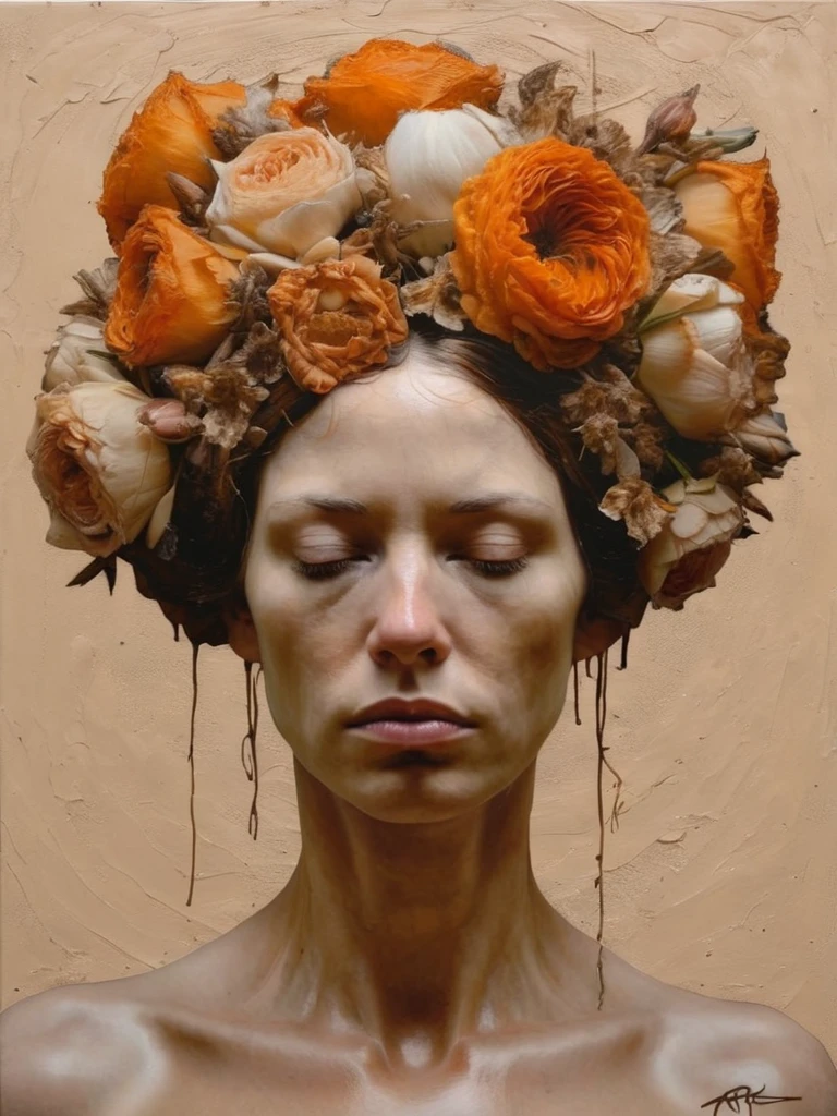 scary picture，Woman's head in a flower pot，No eyeballs，open mouth，bleed，night, 