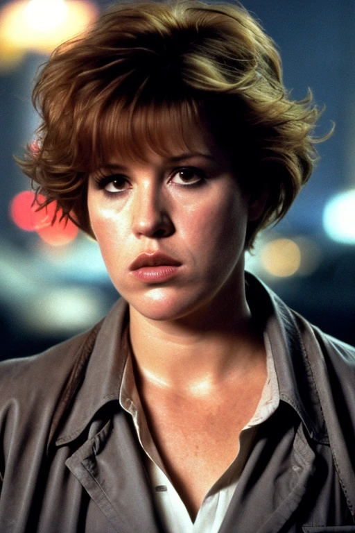 Eighteen-year-old Molly Ringwald, serious expression, brooding, with messy/shaggy razored/layered haircut with sideswept bangs, wearing gray blazer, extremely realistic, extremely detailed, extreme realism, extreme detail, extremely accurate resemblance, scene from film, digital cinematography, neo-noir, tech-noir, moody, atmospheric, dark, handheld camera footage, gritty, muted, Miami Vice (2006) influenced, grainy, underlit, Kane and Lynch 2 influnced, tense, directed by Michael Mann, Heat influenced, Collateral influenced, low shutter speed, shadowy, bags under eyes, insomniac, detective, muted color palette, police sirens in background, crime scene, urban setting at night