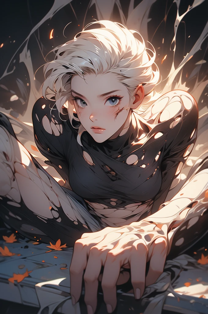 android girl, torn limbs, destroyed face, turned off, white skin, burned hair, lifeless, charred legs, open face