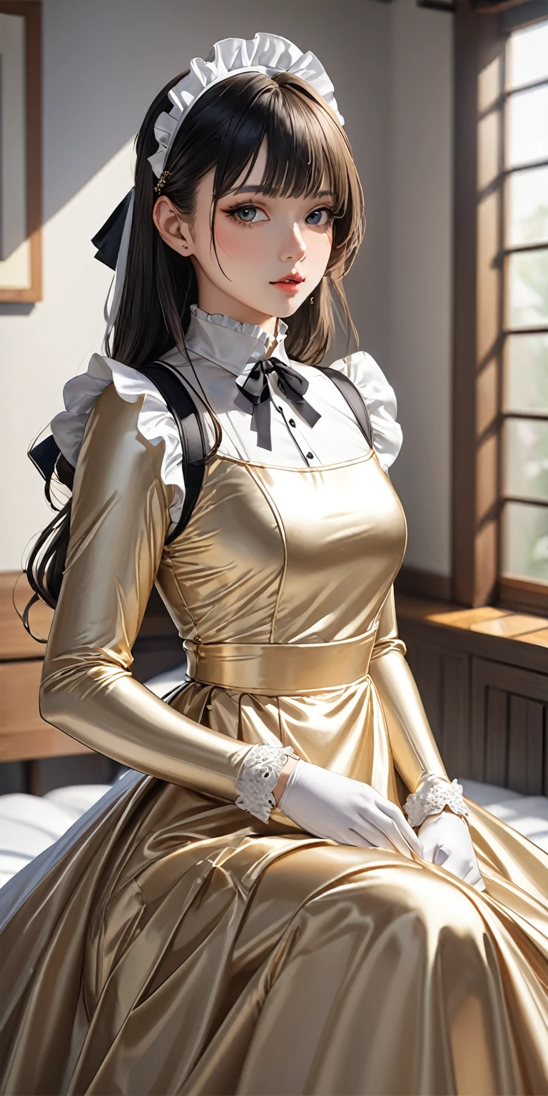 Portraiture、(masterpiece,Highest quality,Ultra-high resolution),Japanese women, (((Very beautiful 25 year old girl)))、(She is wearing a shiny pale gold satin long sleeve maid dress.)、The dress has a simple design without any patterns..、The skirt is a long skirt with frills、Satin Gloves、((Satin bodysuit))、Bright room