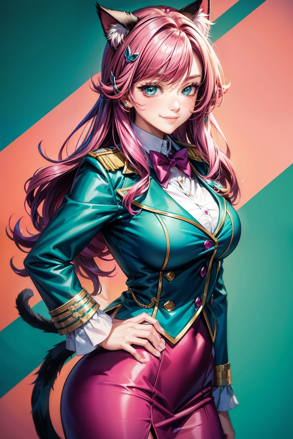 Magenta hair, hazel eyes, older woman, uniform clothes, hair jewel ornament, cat ears, long hair, smiling face, background, teal clothes