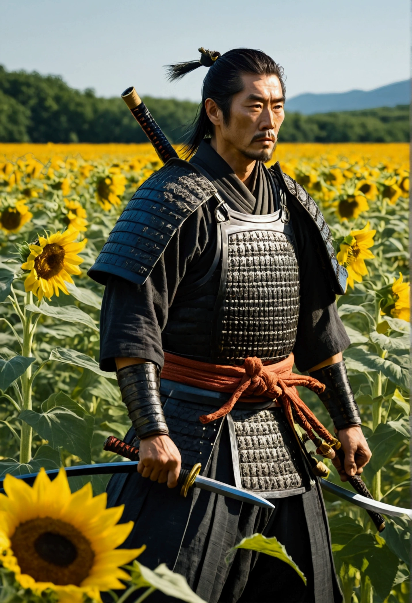 Samurai in a meadow with sunflowers