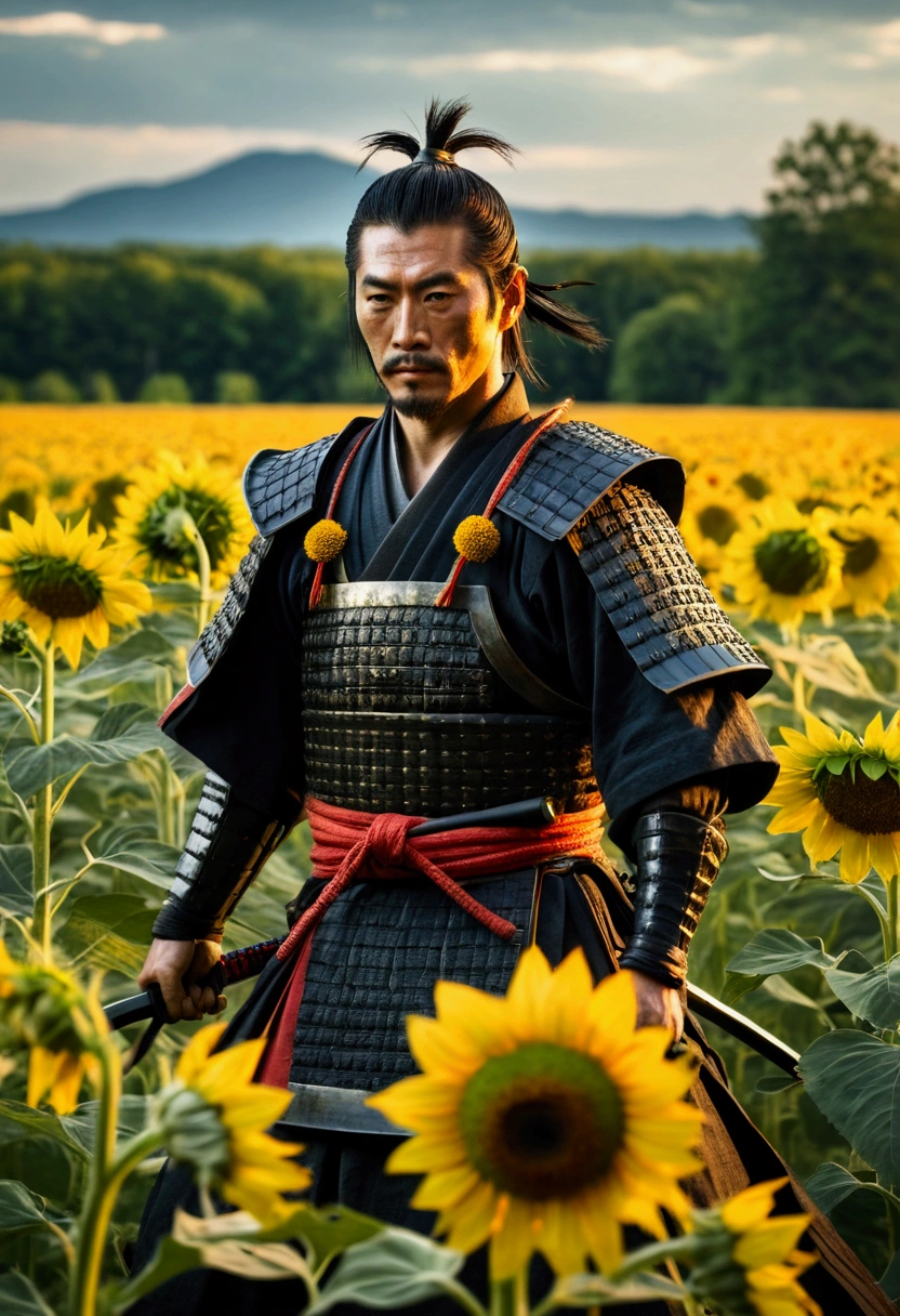 Samurai in a meadow with sunflowers 
