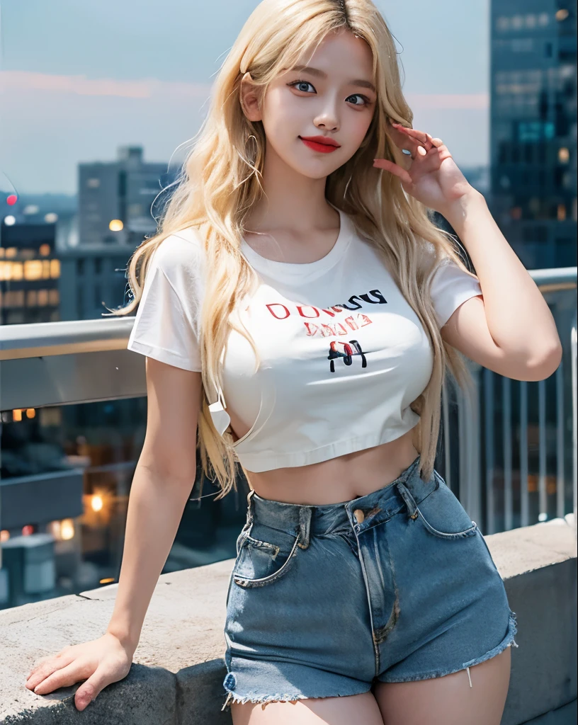 1girl, (Blue Eyes), (smiling), (Sana Minatozaki), (beautiful makeup :1.2), wide hips, Big , big ass, (thin waist: 1.2), (thick and toned thighs), (Best Quality, 8k, Masterpiece: 1.3), Clear Focus: 1.2, Perfect Body Beauty: 1.4, strong abs, Highly detailed face and skin texture, detailed eyes, double eyelids, red lips, (blonde long wavy hair :1.2), (White tight tshirt), (Jean bib), standing, dynamic pose, in a Rooftop, city at night in the background