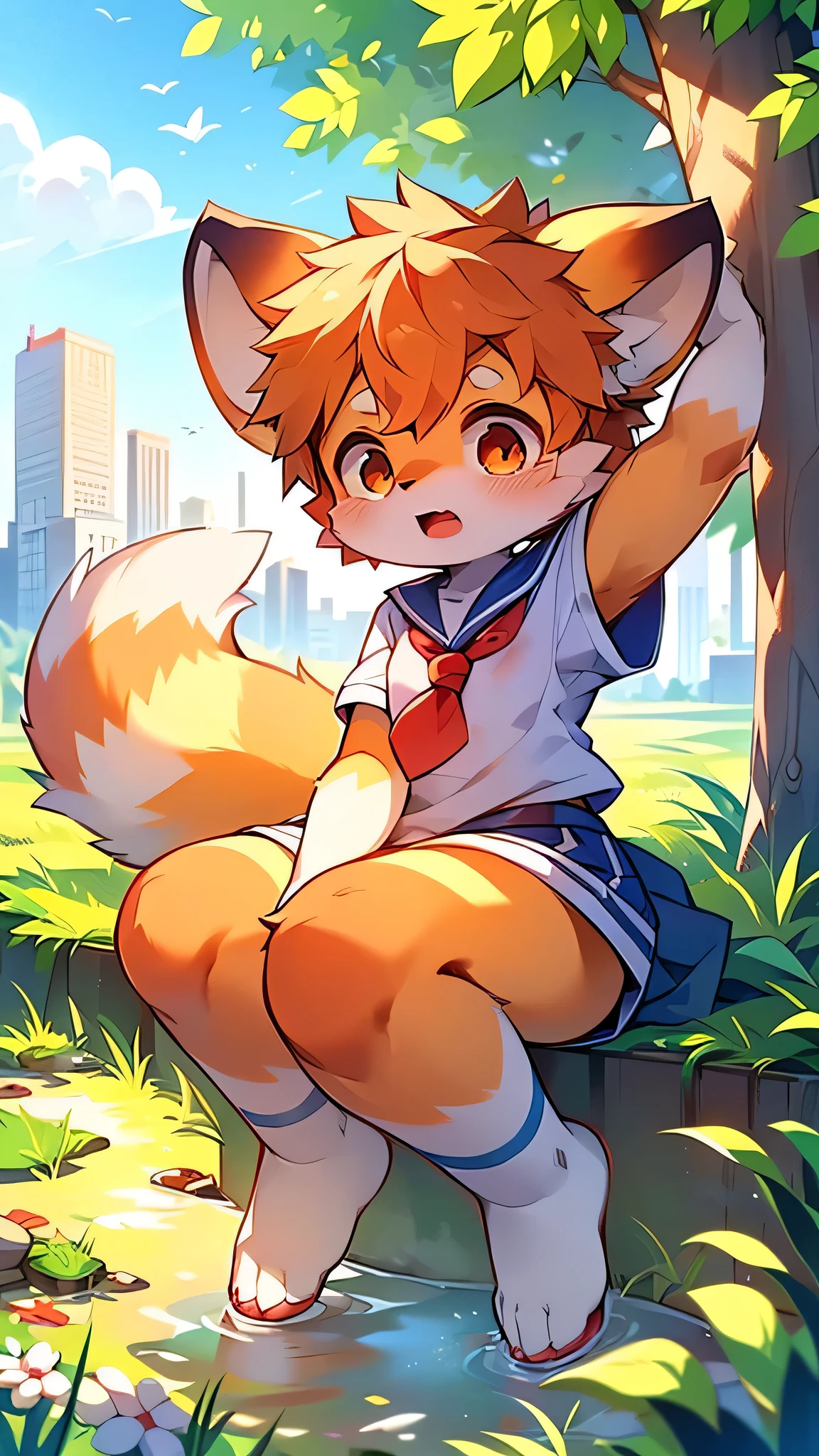 Red Panda Girl,Characteristics of Sailor Suits,super high quality,Very detailed,High resolution,Cute art style in anime,Rice field scenery,(Cheerful ager,13 y),alone,single,Covered in blood,cry,the last time,sorry,Ruined City