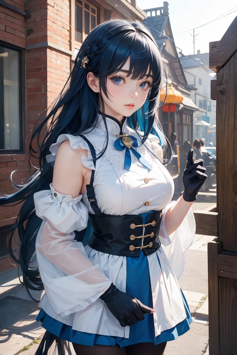 (Realism: 1.4), (representative work, side light, delicate and beautiful eyes: 1.2), representative work * portrait, lifelike, 3d face, genshin impact, 1 girl, ahoge, architecture, bangs, bells, black gloves, black pantyhose, (blue hair), powder blusher, Chinese knot, separated sleeves, knots, gloves, corners, long hair, looking at the audience, neck bell, outdoor