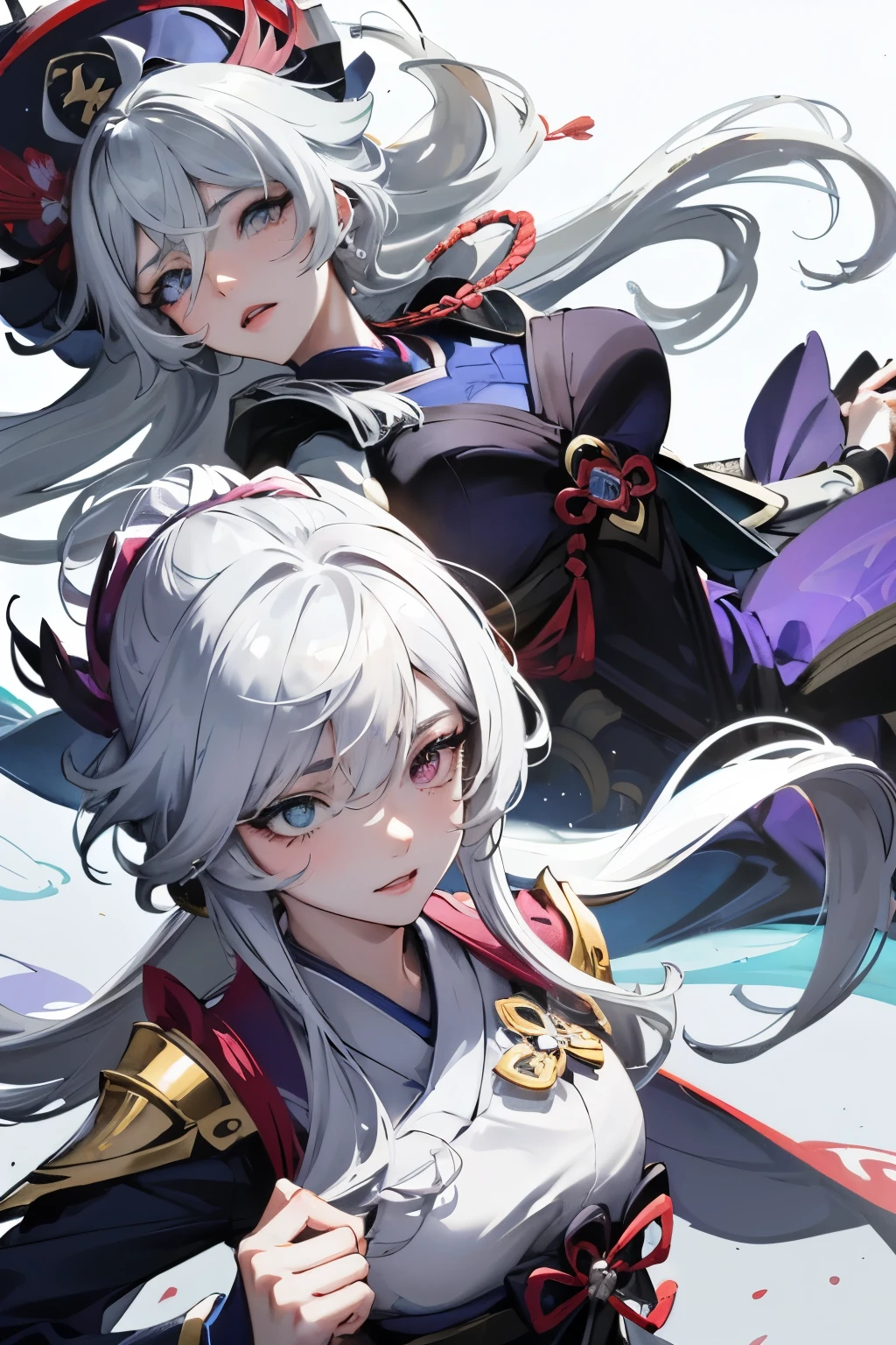 best qualityer, work of art, detailded, anime girl, estilo genshin impact, long white hair, silver eyes, white eyelashes, lowrise, sad features, wind powers, white and purple clothes, kimono, heterochromia, lancer, long wavy loose white hair, fully body, grappling