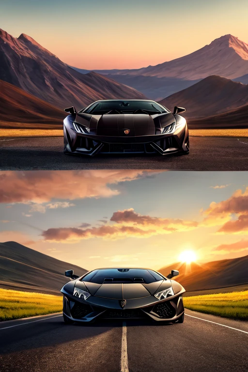 Black Lamborghini in a pretty landscape with a girl winging the Lamborghini 

