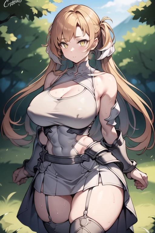 NSFW, uncensored, One girl, One strong, heavily armed man, Two people having a party, Light carmine hair, Yellow Eyes, Braiding, french Braiding, Long Hair, Twin tails, Both sides up, Sweat, Hot body, Glowing Skin, 
Bright red face, Eyes that are captivatingly erotic, The sweet lips of Ohogao, Heavy breathing, Excited hot breath and mouth,
No mask, No anal sex, No peace, Do not bite cloth or strings,
(((Clothed sex))), enormous breasts, (((Very large and saggy breasts))), outside, Fantasy World, An open grassland in the forest,
From the back, (((Absolutely mating press style monster cock insertion and a lot of semen poured into the vagina creampie sex))), White dress style armor, Katana with sheath on left hip, 基本的に白いleotard風の革鎧は胸元が開いたドレス風のデザインでその革鎧は彼女の胸を押し上げるように着用されている, Over that, a hard metal breastplate mail is worn to encase the large chest.,  
Wearing hard metal armor with light pink trim around the edges, He was wearing sturdy white metal armor and gauntlets from his arms to his fingertips., 
Legs are made of full metal plate armor, Place々The gold decoration is used as an accent., 
The pleated white miniskirt is short enough to reveal her panties and has gold trim and accent colors on the edging.. On top of that, he wears large metal waist armor that can hold multiple cross belts on both sides of his waist to secure his weapons., 
A katana in a sheath is worn on the left hip., Several leather pouches on the right hip, A leather bag large enough to hang from the hip is attached to the back of the waist., 
(((Clothed sex))), (((コスチュームはoutsideさずオーバーハイニーソックスを履いている))), 
A man&#39;s monster cock will never be inserted into his ass, 

From the back, 
The heavily armored, muscular man was close to her, his hands around her waist, and they were pressed together., The strong man is taller than her., なのでFrom the backがっしりと太い腕で彼女の腰に手を回して掴み下腹部も抑えて自身に抱き寄せる, The man&#39;s trousers are already bulging and she rubs them with her hand to check his erection., She blushes and gives herself to the man., The guy grabs her thighs and spreads her legs for a mating press style sex session., The burly man takes off his pants, grabs the rod of his long, thick, spear-like monster cock, and thrusts it in and out of the entrance to her vaginal hole with its glans., The connection is clearly visible to the viewer., Every time the glans goes in and out of the vaginal hole, the labia majora and the opening of the vagina get caught by the glans and are rolled up, rubbing against the opening of the vagina repeatedly, making a sticky, watery sound., When her cervix descends and she starts kissing the man&#39;s monster cock, she lowers her hips even further and thrusts it deeper into her vagina., The man begins to feel the urge to ejaculate and begins to pour a large amount of semen into the hole in her uterus, and the intercourse continues with creampie., After a lot of creampie sex with a mating press, the monster cock made her irrumatio with her mouth and drink the semen stored in her testicles., She also had the most amazing orgasms from mating sex and oral sex.,
She spreads her legs wide and with her free hand lifts her skirt to show off her underwear., The panties are a white and pink striped bikini that resembles a micro bikini., パンティーはSweatでびしょ濡れで艶のあるシルク生地がシワが寄っている,
長年パーティーを組んでいた2人はモンスターの討伐後に大体は二人っきりの屋outsideでスキンシップを行う, Although it is a natural phenomenon for a strong man&#39;s pants to bulge after defeating a monster, she understands this and likes it.,
break covered navel, elbow gloves, gloves, leotard, Thigh straps, 
break looking at viewer, 
break indoors, 
break anal sex, monster cock anal sex,
break (masterpiece:1.2), Highest quality, High resolution, unity 8k wallpaper, (figure:0.9), (Beautiful attention to detail:1.6), Highly detailed face, Perfect lighting, Highly detailed CG, (Perfect hands, Perfect Anatomy), 