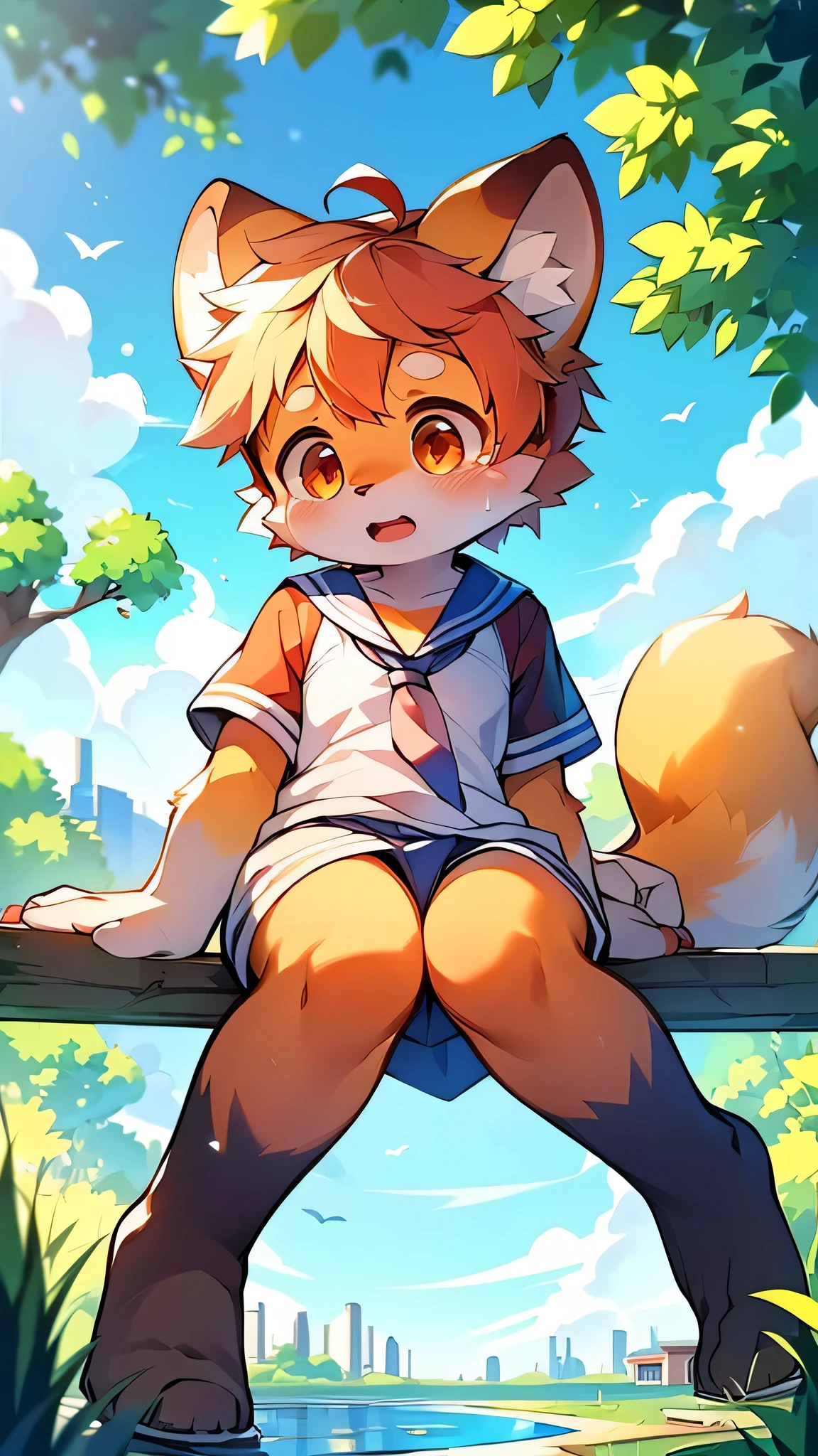 Red Panda Girl,Characteristics of Sailor Suits,super high quality,Very detailed,High resolution,Cute art style in anime,Rice field scenery,(Cheerful teenager,13 years old:1.3),alone,single,Covered in blood,cry,the last time,sorry,Ruined City