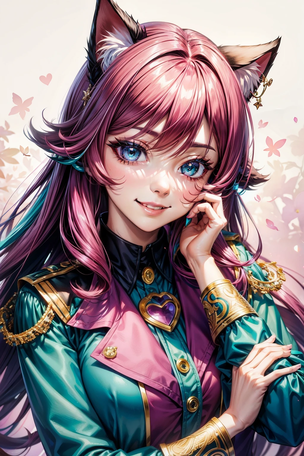 Magenta hair, hazel eyes, older woman, uniform clothes, hair jewel ornament, cat ears, long hair, smiling face, background, teal clothes