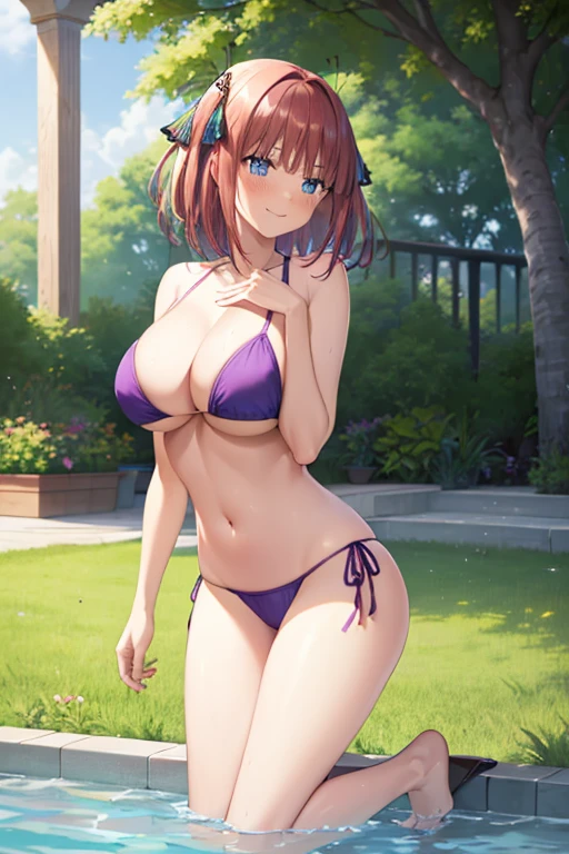 ((hdr, highest resolution, best quality, beautiful, raw image)),1girl, , redpurple hair, butterfly hair ornament, (blushing:1.1), shy smiling, blue eyes, full body, slender, (large breasts), thighs, purple bikini swimsuit, outdoor pool side, sexy pose,