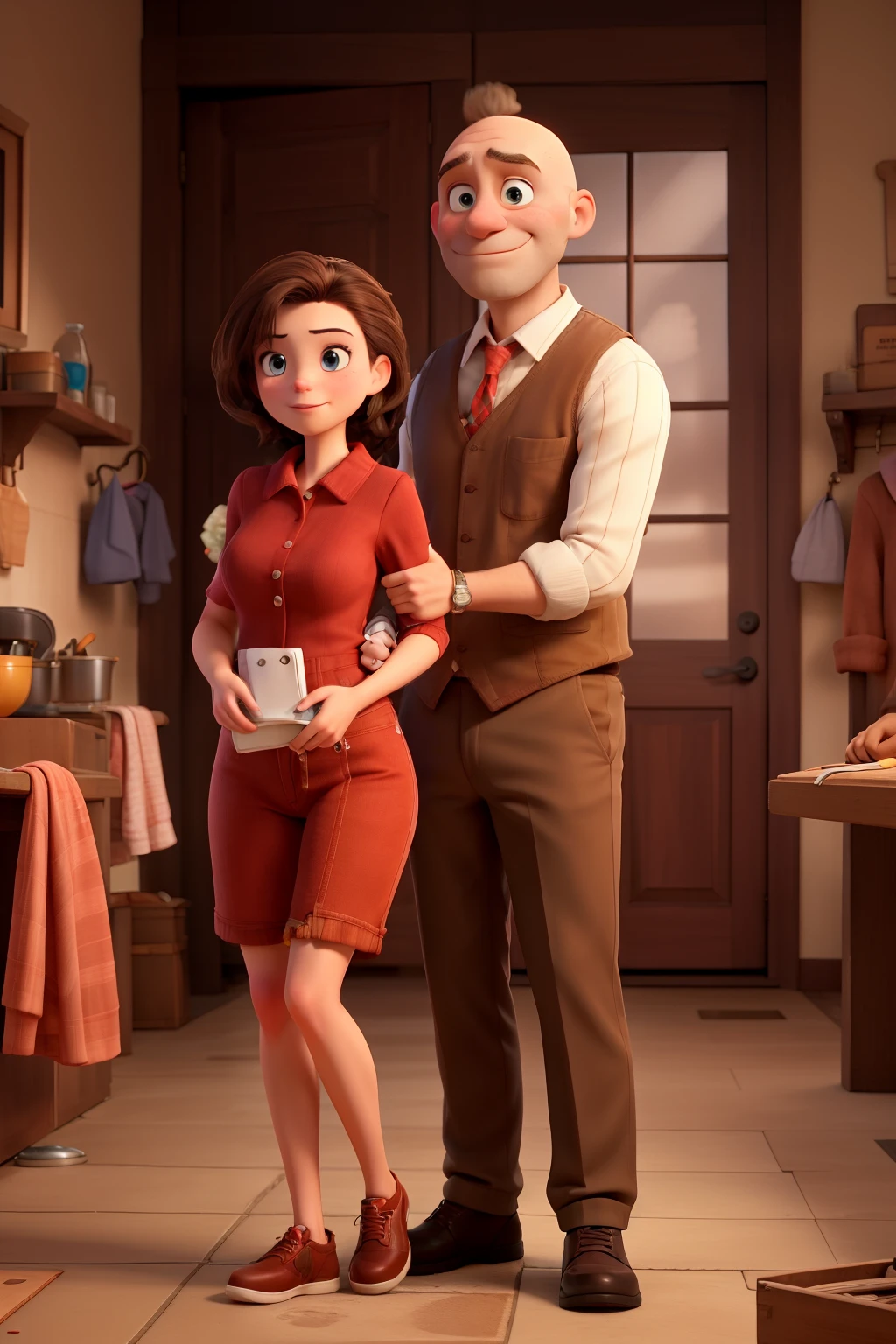 Bald man, brunette doing several things at the same time 