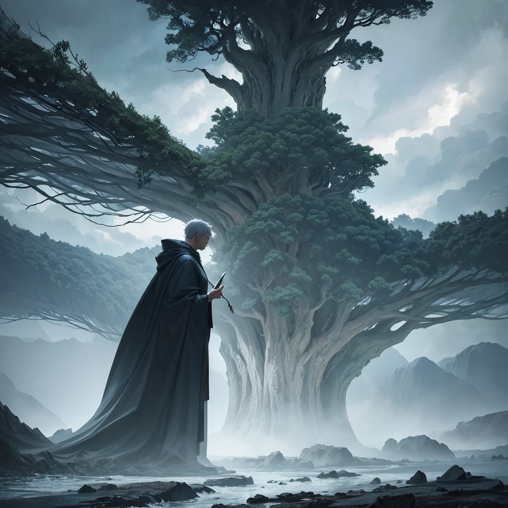 A tree-shaped man in a long white robe, an elderly character with a wise expression, talking to the wind and a raging storm, dramatic lighting, fantasy, cinematic, highly detailed, intricate, 8k, photorealistic, dramatic shadows, moody atmosphere, striking colors, volumetric lighting, wind effects, stormy skies, mystical, ethereal, surreal, conceptual, award winning digital art 
majestic big green tree