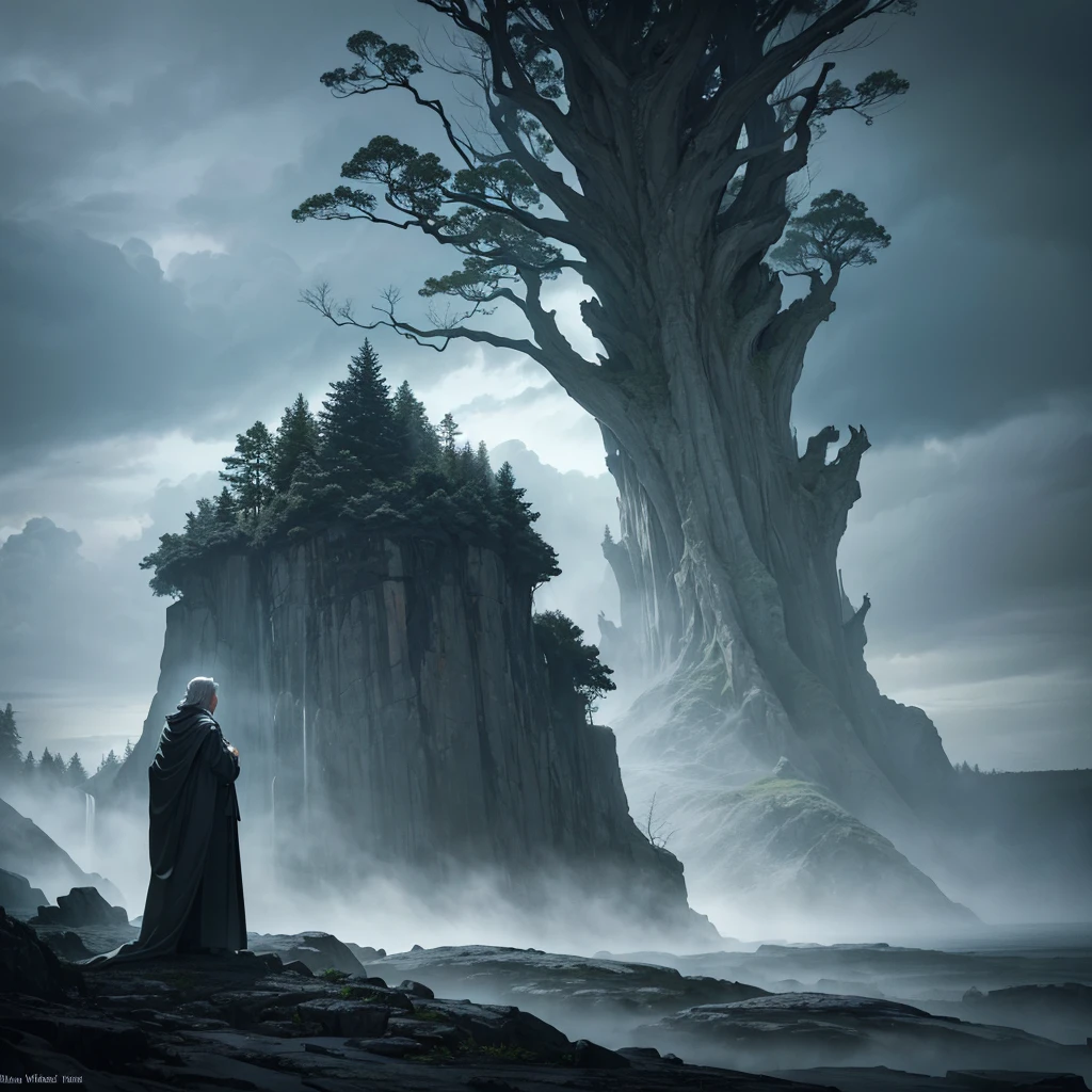 A tree-shaped man in a long white robe, an elderly character with a wise expression, talking to the wind and a raging storm, dramatic lighting, fantasy, cinematic, highly detailed, intricate, 8k, photorealistic, dramatic shadows, moody atmosphere, striking colors, volumetric lighting, wind effects, stormy skies, mystical, ethereal, surreal, conceptual, award winning digital art
majestic big green tree