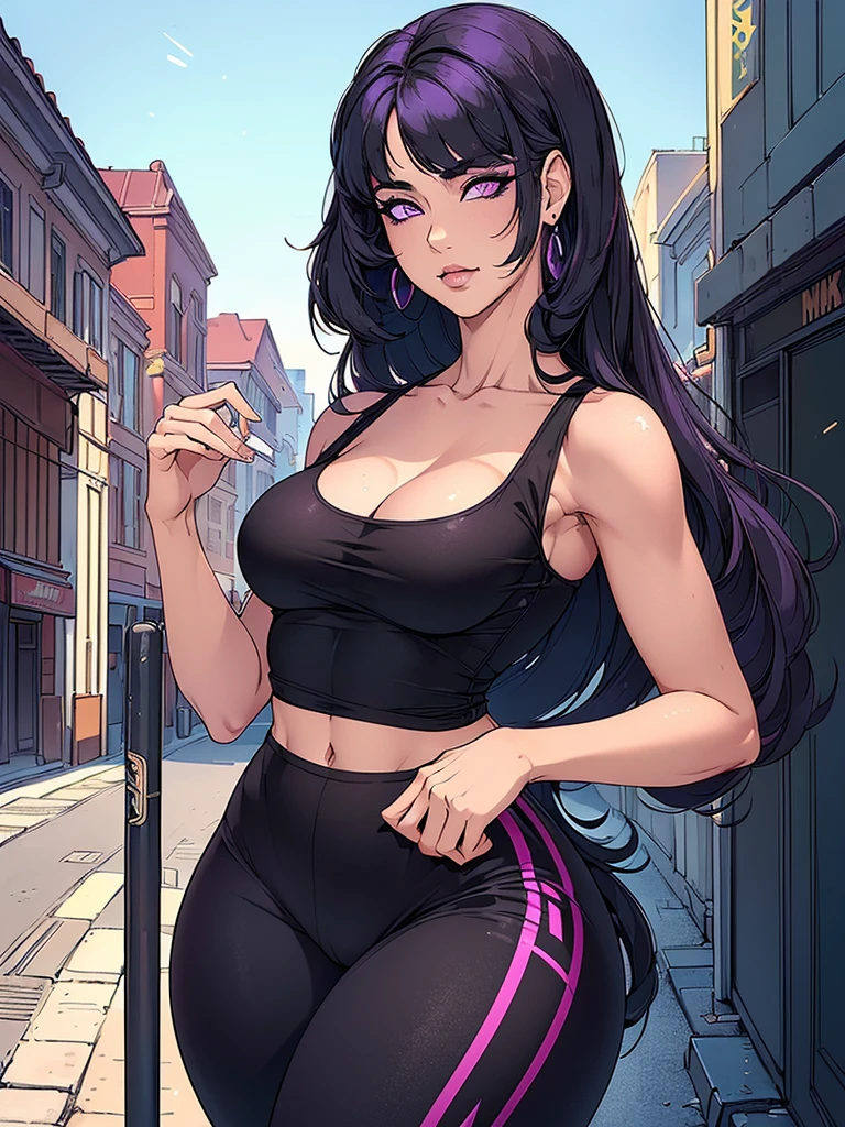 Just one girl,white skin,(glow up),Best quality, 4k, high resolution, body stuck outfits, perfect smile, light skin, ahegao face, purple eyes,(eye's colour is purple(beautiful eyes),detail eyes, realastic eyes,  long hair , long hime-style cut (hair colour is black) ,straight hair, hime cut hair, wearing a tank (tank top is black colour) and wearing gym leggig ( gym pants), clothes are stuck in body, bodyfit outfit,1 girl, solo, seductive look, elegance and charm, (masterpiece, best quality, high resolution), looking at the viewer, standing, (intricate and beautiful:1.2), (detailed light:1.2), (soft light, side light), (high resolution textures) , outdoor, white skin girl ,outdoor background, sun light, attractive, sexy, mature and hot, young,(masterpiece:1.3), (disorganized:1.3), (highest quality:1.3), perfect anatomy, detailed face, front view, perfect right hands, looking at viewer, (Super detailed:1.3), (best shadow:0.7), (treated hair), fine eyes, beautiful eyes, young aged woman, alone, standing, crystal earrings,closed_mouth, , outdoors, arrogant face, small ,outfit detail,
Correct outfut details,thick thighs,