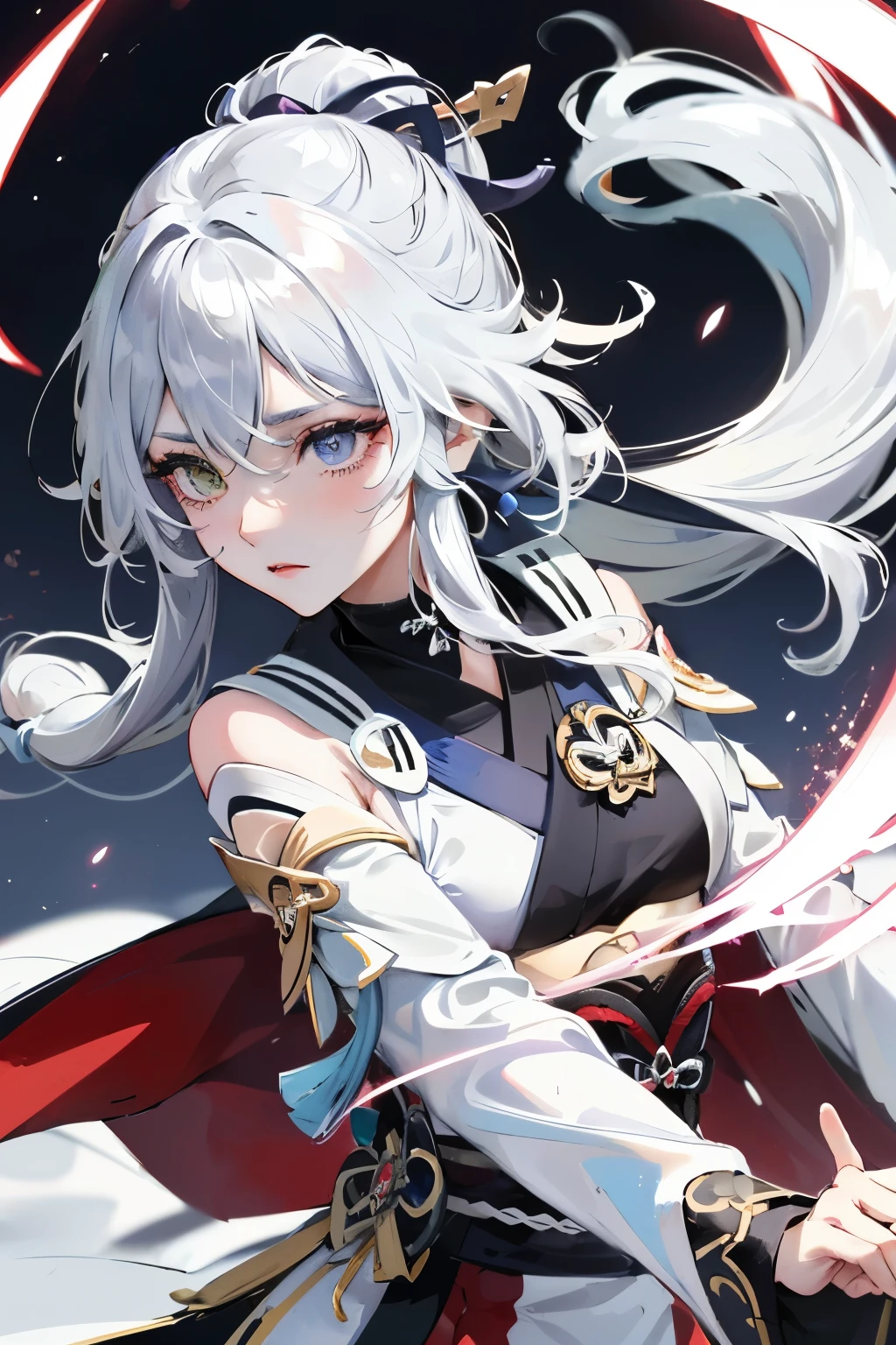 best qualityer, work of art, detailded, anime girl, estilo genshin impact, long white hair, silver eyes, white eyelashes, lowrise, sad features, wind powers, white and purple clothes, kimono, heterochromia, lancer, long wavy loose white hair, fully body, grappling