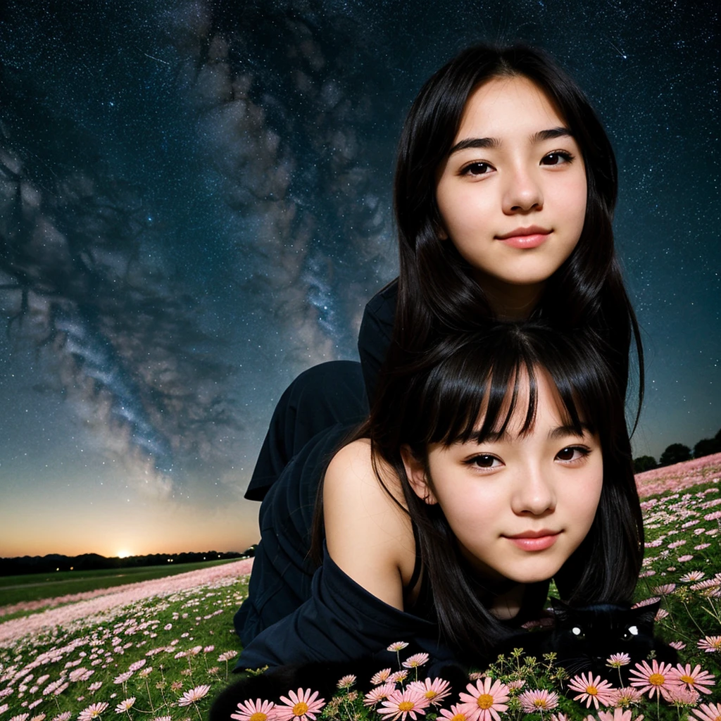 (A close-up of a beautiful 15 year old anime girl on her back in a field of flowers watching a starry sky with her black cat