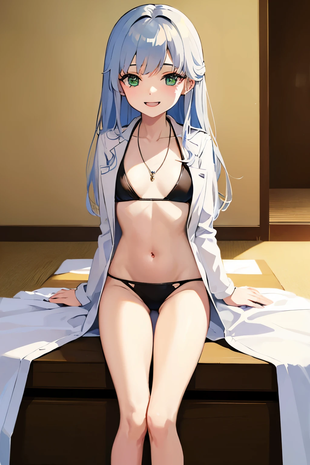 Long silver hair, green eyes, headband, necklace, lab coat, flat chest, black bikini, beautiful thighs, smile, happy, inside house