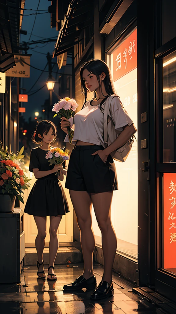 a couple buying flowers from a flower seller, girl wearing short clothes, big hips, night light, realistic, moody color,