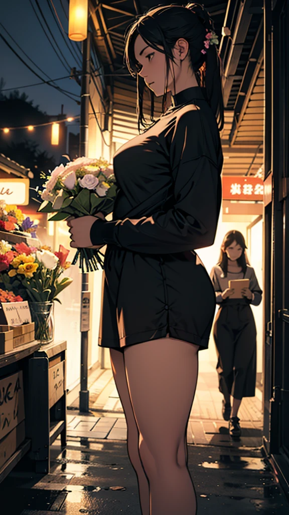 a couple buying flowers from a flower seller, girl wearing short clothes, big hips, night light, realistic, moody color,