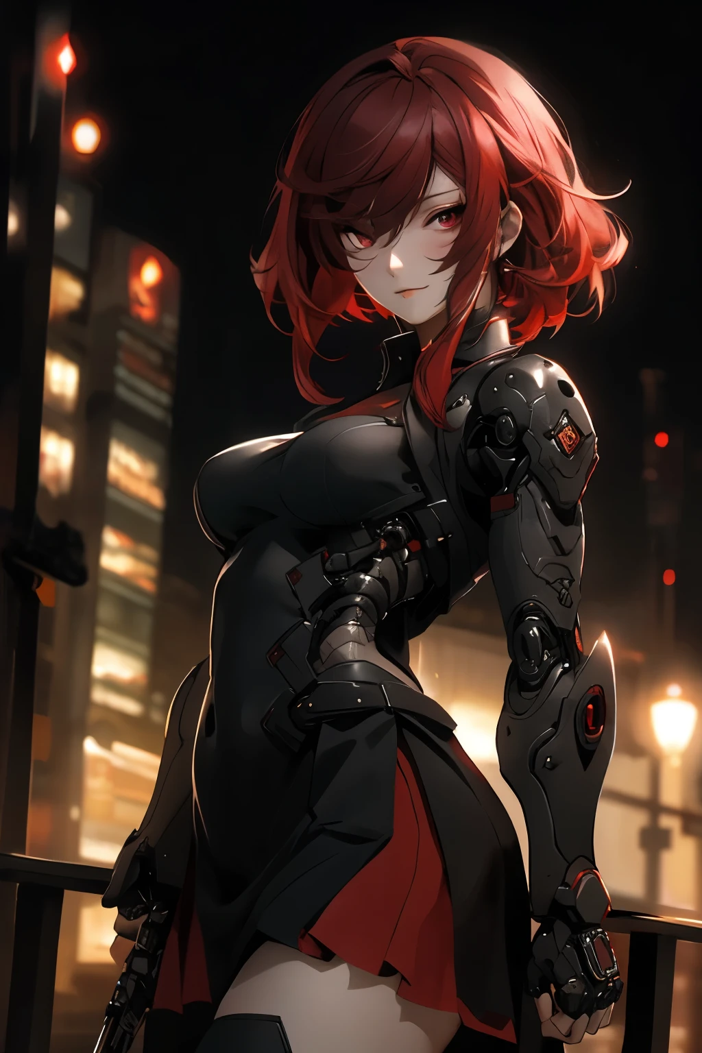 ((คุณภาพดีที่สุด)), ((ผลงานชิ้นเอก)), (รายละเอียด), 1สาว, black armor, Curtain Bangs, Red hair, กระโปรงสั้น, หน้าอกใหญ่, city background, night, เหมือนจริง, 8k, cyborg, cyberpunk, natural lighting, soft lighting, sunlight, HDR (High Dynamic Range), Maximum Clarity And Sharpness, Multi-Layered Textures