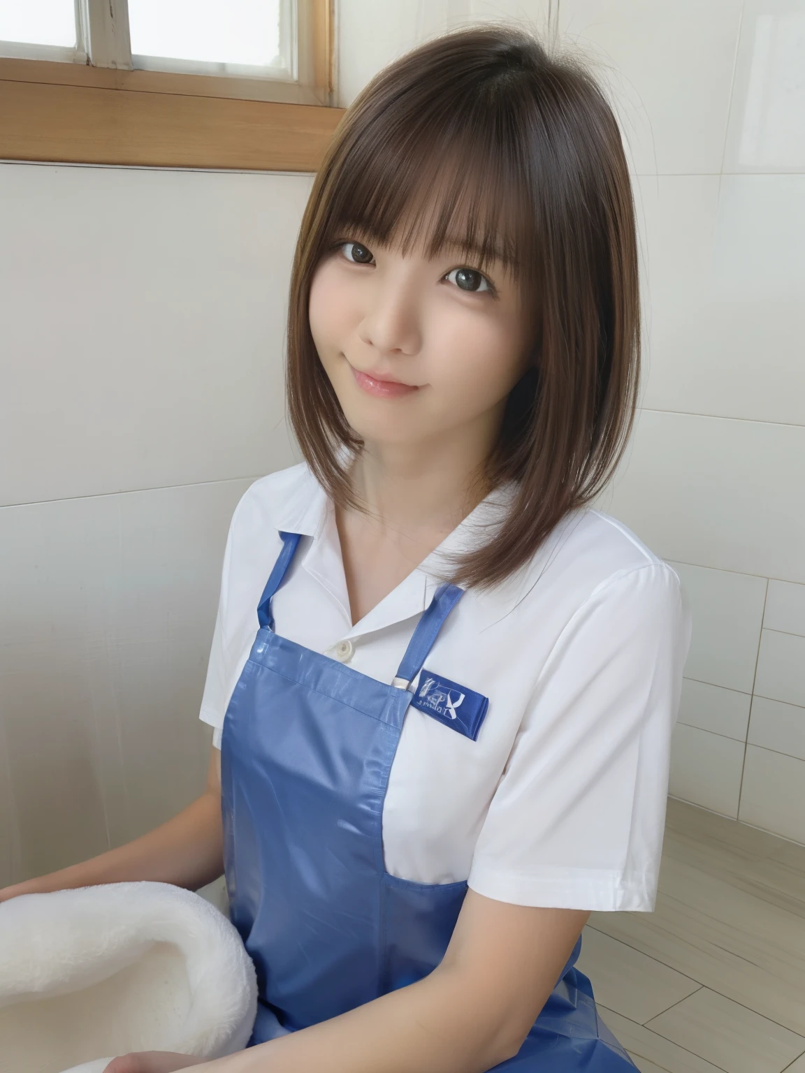 "A clean and well-groomed Japanese high school girl with short hair. She takes meticulous care of her hygiene, always appearing neat and tidy in her perfectly pressed uniform. However, her appearance is unique due to her slightly wide-set eyes, giving her an innocent and distinct look. The combination of her impeccable cleanliness and her unique facial feature creates a charming and captivating visual."