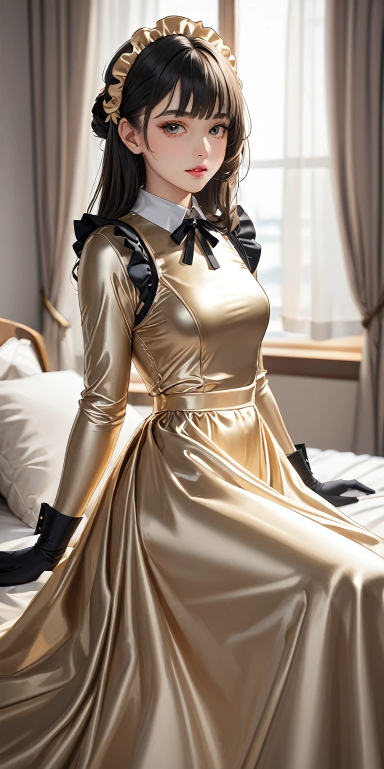 Portraiture、(masterpiece,Highest quality,Ultra-high resolution),Japanese women, (((Very beautiful 25 year old girl)))、(She is wearing a shiny pale gold satin long sleeve maid dress.)、The dress has a simple design without any patterns..、The skirt is a long skirt with frills、Satin Gloves、((Satin bodysuit))、Bright room