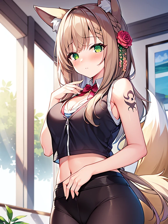 masterpiece, Highest quality, Highest Resolution, One girl, alone, Oversized fox tail,Green Eyes,(Long brown hair_Sideways French braided hair),Small flower head dress, (Age 27,Busty Wife)_Mature female figure_F Cup,modern architecture,(Blushing:1.3),Represents medium , On the stomach_Succubus Tattoo, Mature Woman, sexy sports vest