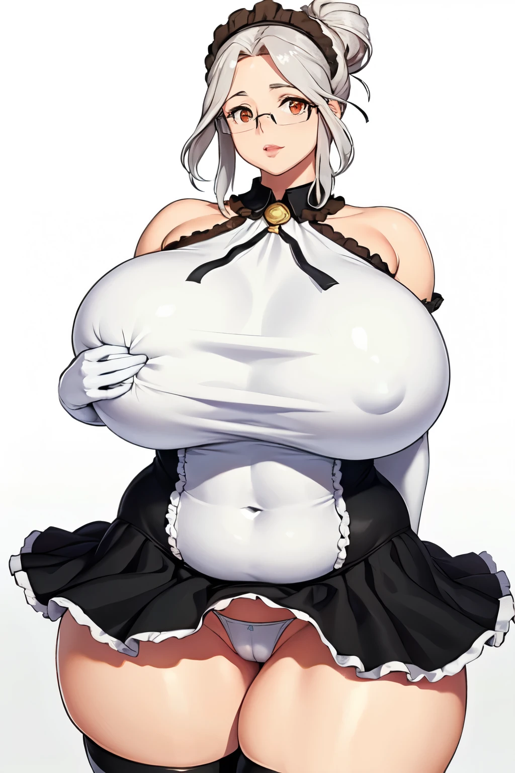 Red eyes, high detailed eyes, Gray Hair, hair bun, Side Lock, (milf:0.6), Cute face, shiny skin, oily skin, Huge breasts, bangs, parted bangs, curvy, Glasses, Rimless Glasses, semi-Rimless Glasses,labiMaid, gloves, white gloves, Exposing shoulders, black Maid headdress, Maid, Black knee socks, Frills, Covered navel, white elbow gloves, ultra Short dress, Collared dress, Maid dress, Black collar,
(Huge breasts:1.4), narrow waist, (thin:0.9), wide hips, ((thick thighs, voluptuous thighs, long legs)), bare legs,  Camel Toe, (white panties),
jewelry,See through, View your viewers,  hair ornaments, choker, shy,
(masterpiece, Highest quality, Highest quality, Official Art, beautifully, aesthetic:1.2), (1 girl), Very detailed,  colorful, Most detailed,
simple white background, (breasts grab, grabbing own breast), nsfw,