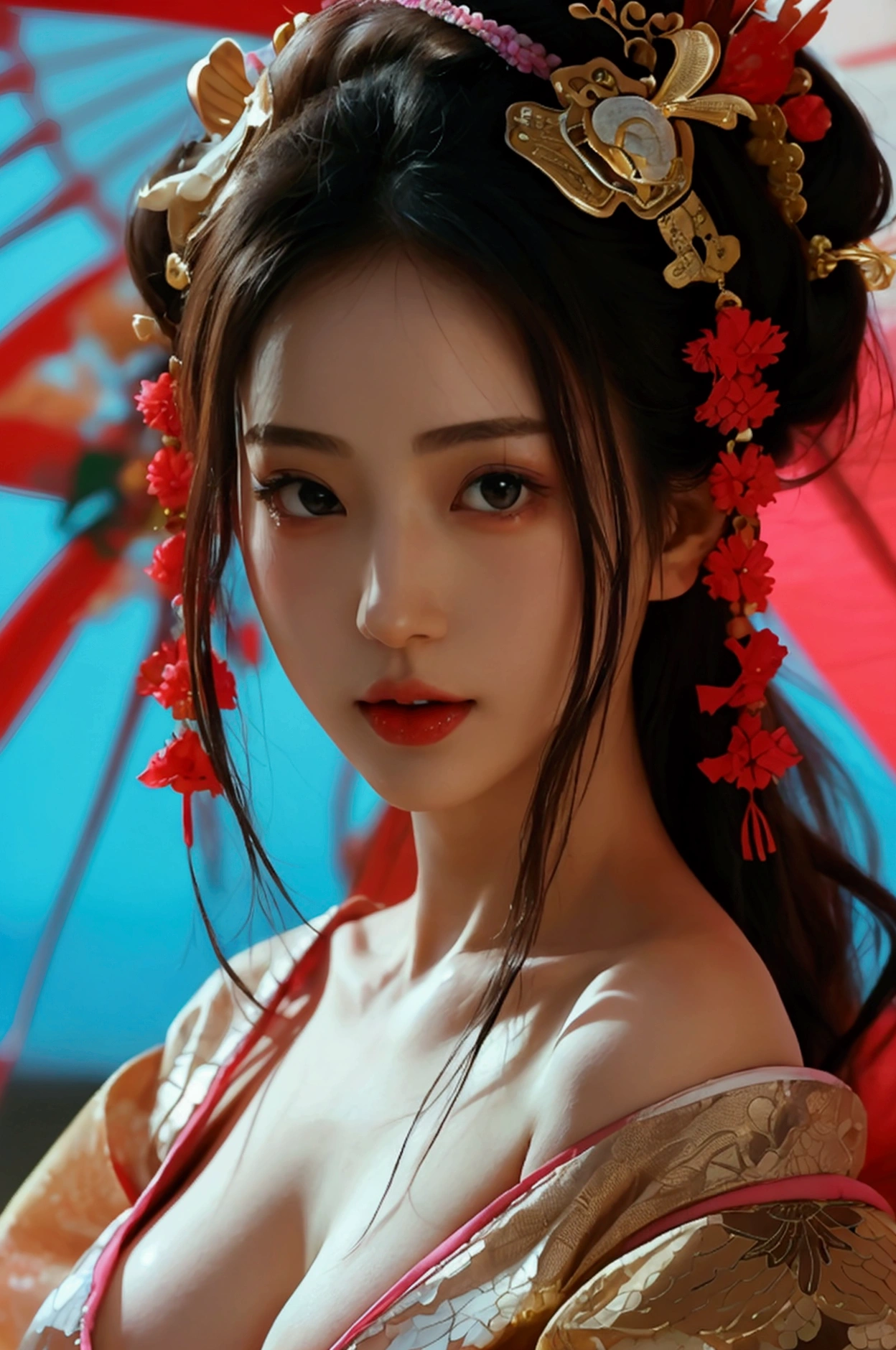 Create an image of a beautiful woman wearing a sexy Japanese princess outfit., The see-through fabric is so thin that the wearer&#39;s nipples and skin can be seen., She can spread her legs wide to show off her genitals., She has a slim face., sharp eyes, long hair, responsive face, high nose, and thin lips, Her breasts are 32 inches long with pink nipples., Her waist is 24 inches., Her hips are 33 inches., Her skin was bright and white., She has light brown hair., And her figure was slim and slightly muscular..