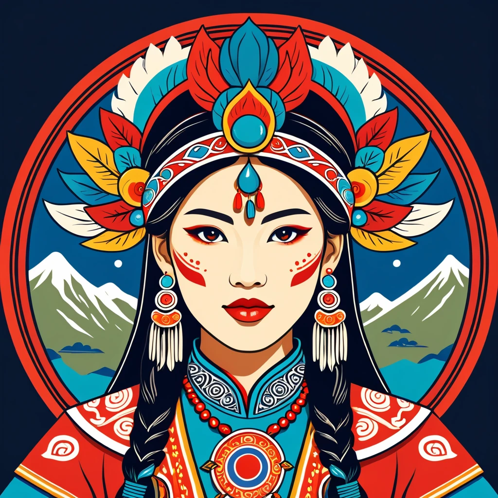 female	shaman	in taiwan folk outfit	,vector graphics, strong contours, logo design																						