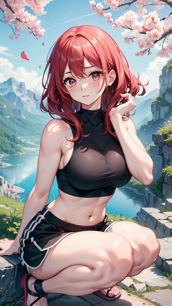 A beautiful girl, squatting on a rock,black shorts,crop top,white top, wearing trekking bag, holding stick,cute pose, looking somewhere,sweaty top,wavy hairs, black long hairs, beautiful eyes,red lips, mountains,from top view, beautiful sceneary,((high quality, 8k resolution, ultra high quality,best image quality,best image clarity)), sports top,large breasts,curvy body,fit body, blushing face,red cheeks,pink petals, beautiful trees, beautiful view,hairs waving through wind,seen from front, muscular arms,watch