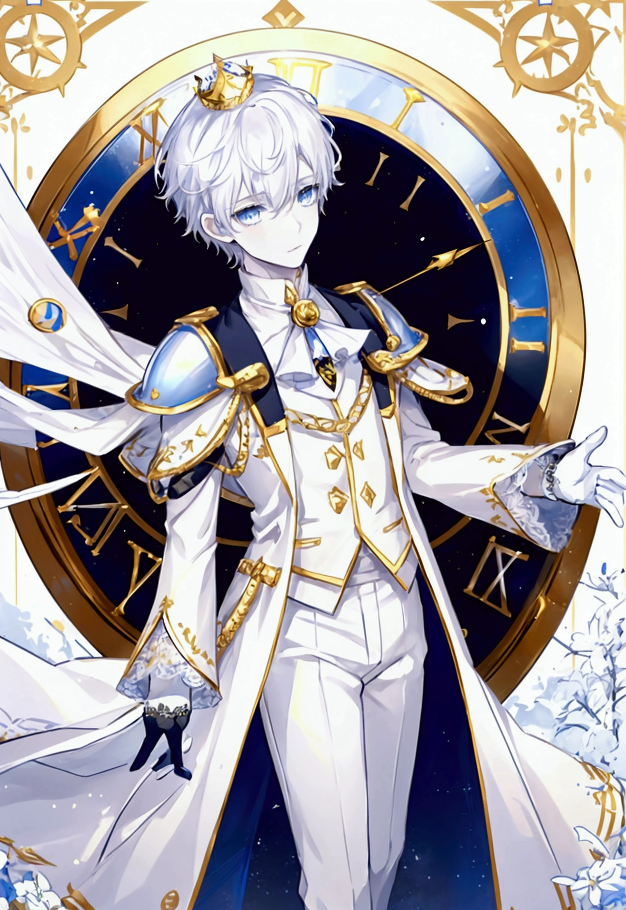 ((Timelord)) ((1 boy)) ((Clocks)) He has pale skin, blue eyes with pointer pupils, white shirt, lace vest with golden details, white fluffy shoulder pad, white finger lace gloves, white pants with golden details and black boots, white horns, white pointer crown with golden details, elf ears