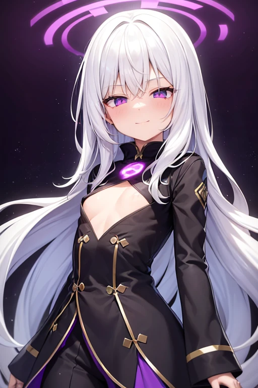 1girl, long hair, white hair, purple eyes, shine eyes, surprised, black jacket, black shirt, 4k, beautiful eyes, hd, high quality, ((small breast)), smile, purple shine,particles around you, shiny particles, bright lights, ((purple lights)), lighting, good lighting