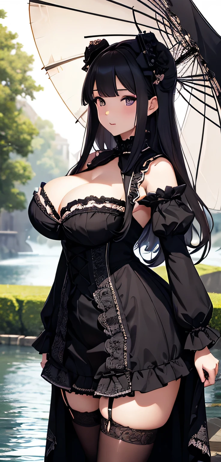 beautiful detailed 27 years old female japanese, wearing Gothic ta Dress: A black, frilly dress with lace details, a parasol, and knee-high stockings, beautiful face, shiny white skin,  curvy body, ultra large saggy breasts, massive cleavage exposed, castle background