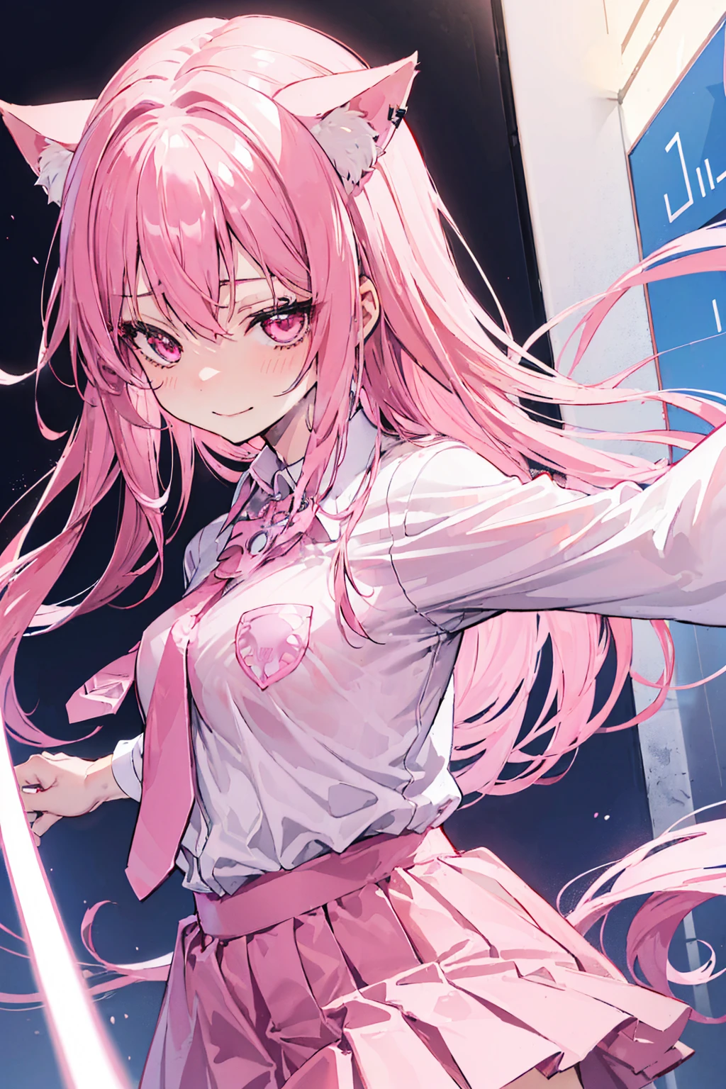 "Anime Girls, 1 person, Pink Hair, Pink cat ears, Pink Eyes, woman's shirts, tie, woman&#39;Black off-shoulder jacket, Color Skirt Black,She smiled brightly., Confident expression,Center of chest,Views from different directions,whole body (Full HD 4K+ image)"、Vagina、Vaginaが見えるように足を開く、smile、((((Vaginaにバイブを挿入する))))、Fixed vibrator、Constraint-shaped legs、Vibrated by a vibrator、(((((The controller and vibrator are connected by a short cord.)))))、Control the girl with a controller、((((Men manipulate girls))))、((((((A man operates a controller))))))、(girl in the back)、((The girl is far away))、Lewdly spreading her legs、((The controller is held by a man))、Have a convulsive orgasm、(((Charging a girl with a vibrator)))、Crouching pose、Discharge from the pussy(Love juice)drip、((smile))、(Screw a vibrator into pussy)、Eye level、Objective View、(((Spread your legs like a crab)))、(stand)、((((((((Forced to be raped by a machine))))))))、(((機械に四肢をConstraintsされる)))、((((((機械で手足をConstraints))))))、(((((Detailed pussy)))))