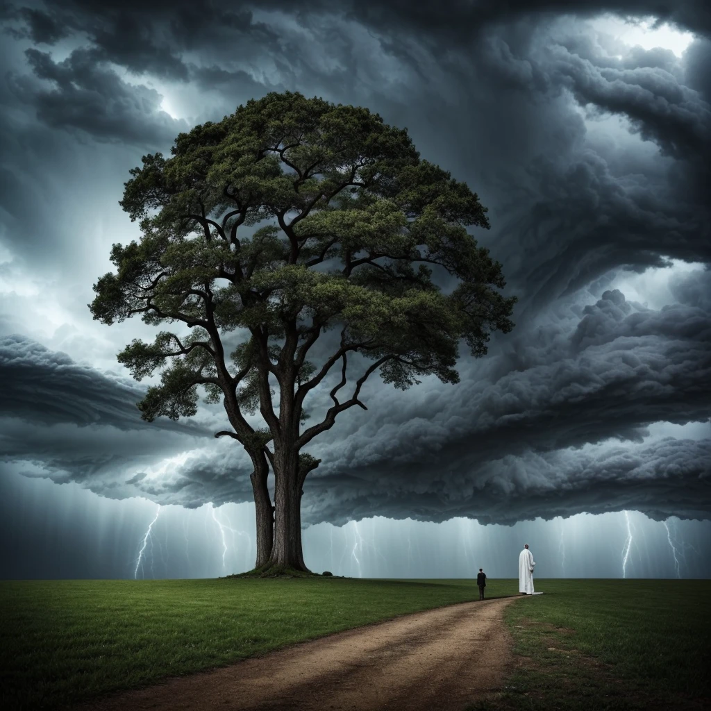 A tree-shaped man in a long white robe, an elderly character with a wise expression, talking to the wind and a raging storm, dramatic lighting, fantasy, cinematic, highly detailed, intricate, 8k, photorealistic, dramatic shadows, moody atmosphere, striking colors, volumetric lighting, wind effects, stormy skies, mystical, ethereal, surreal, conceptual, award winning digital art 
majestic big green tree